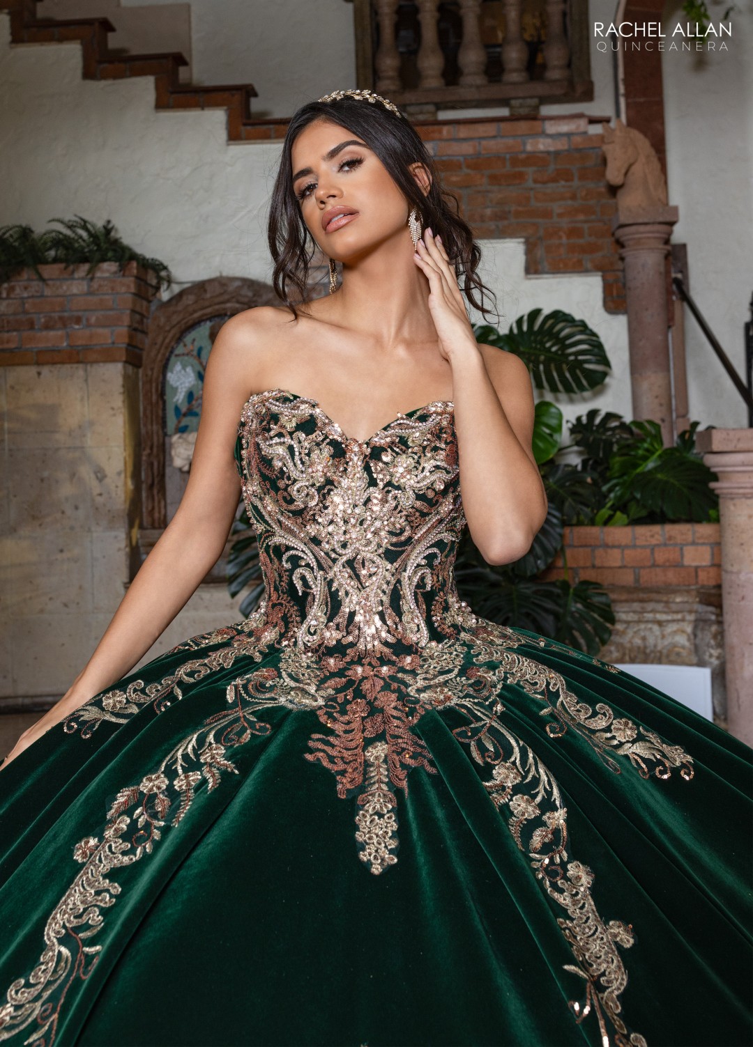 1.	Rachel Allan Style RQ3160 sweetheart ball gown in emerald gold with luxe velvet, sparkling sequins, and beaded fringe details
